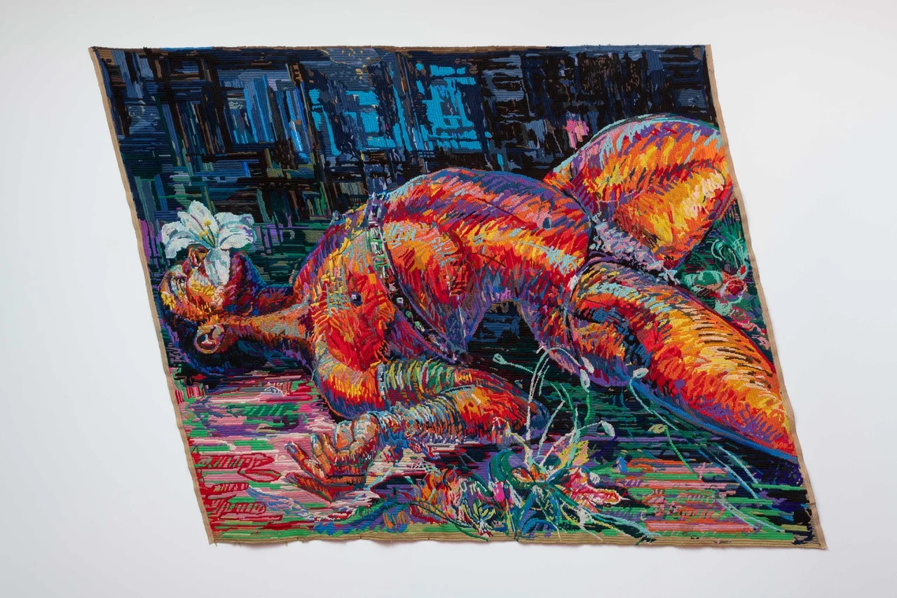 Saint Joseph Deathdrop, 2023, by Athi-Patra Ruga: a vividly coloured textile artwork depicting two intertwined figures